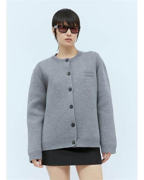 miu miu grey cardigan|Grey Wool Knit Cardigan .